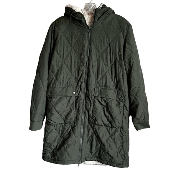 Love Tree Olive Green Longline Quilted Reversible Sherpa Teddy Winter Coat - Picture 1 of 6